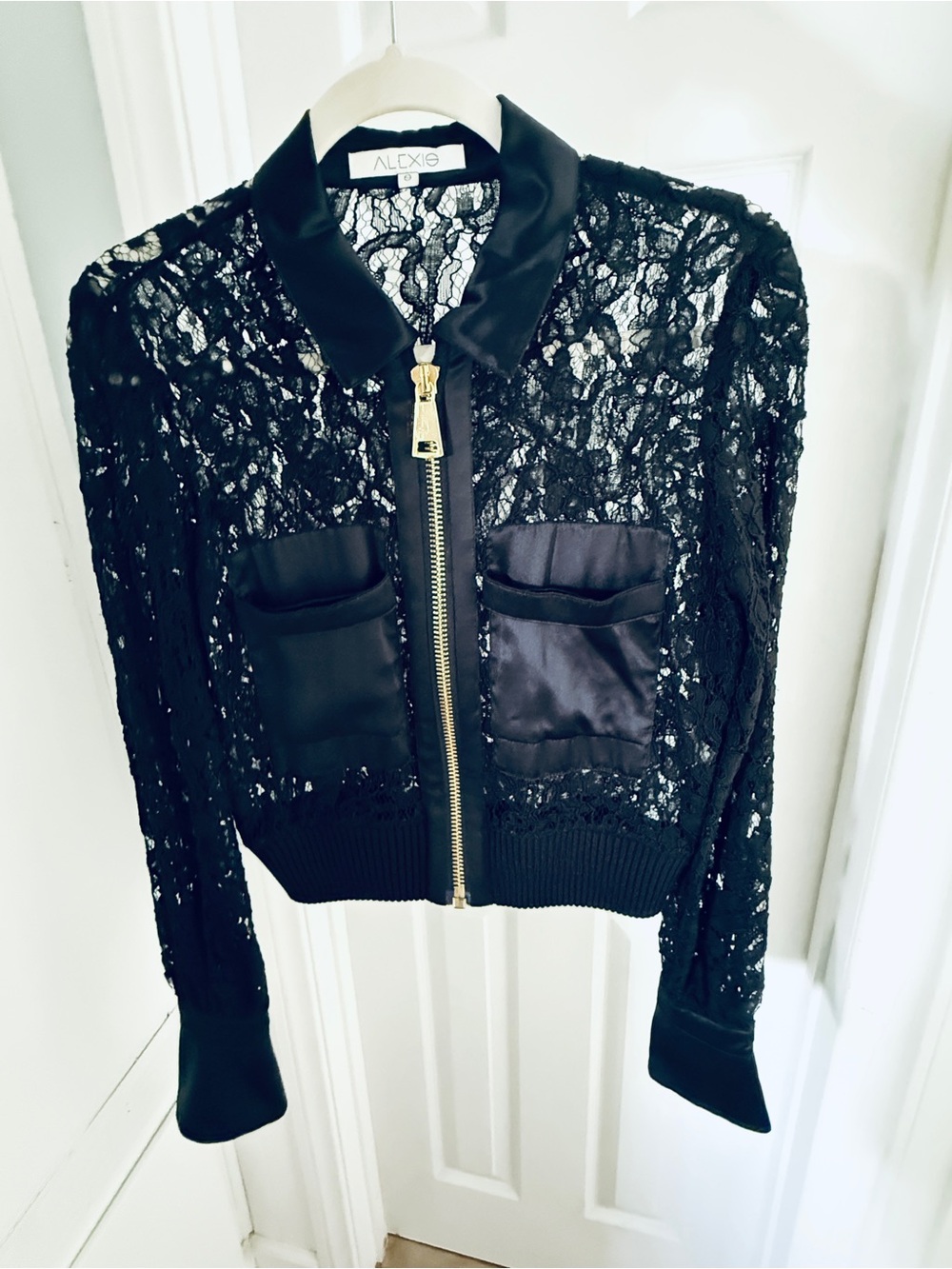 Alexis Black Lace Bomber Jacket with Satin Pockets